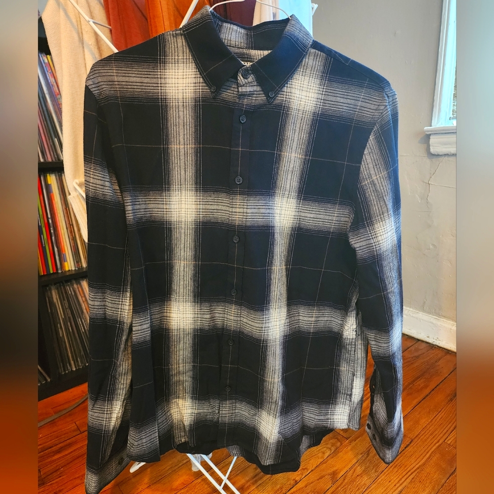 Express Men's Blue/White Flannel Shirt Medium